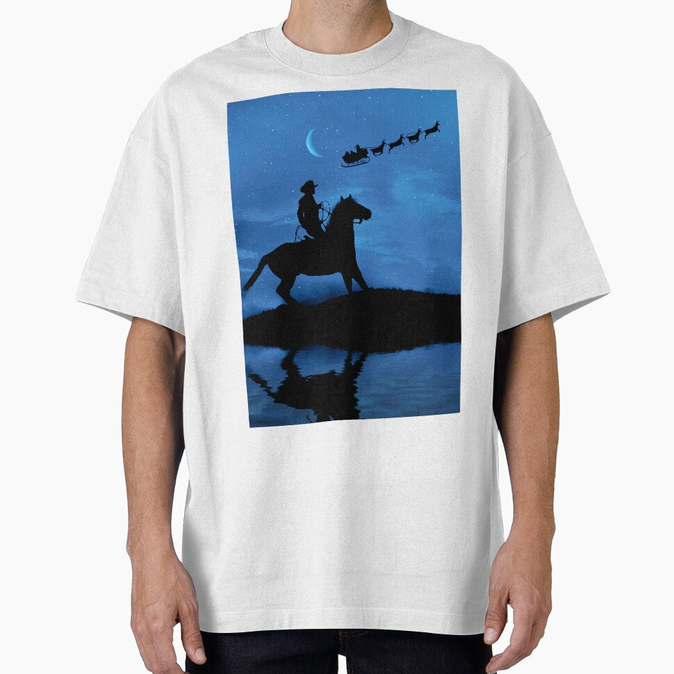 Country Western Cowboy and Horse with Santa and Sleigh Christmas Eve Night by Stephanie Laird
