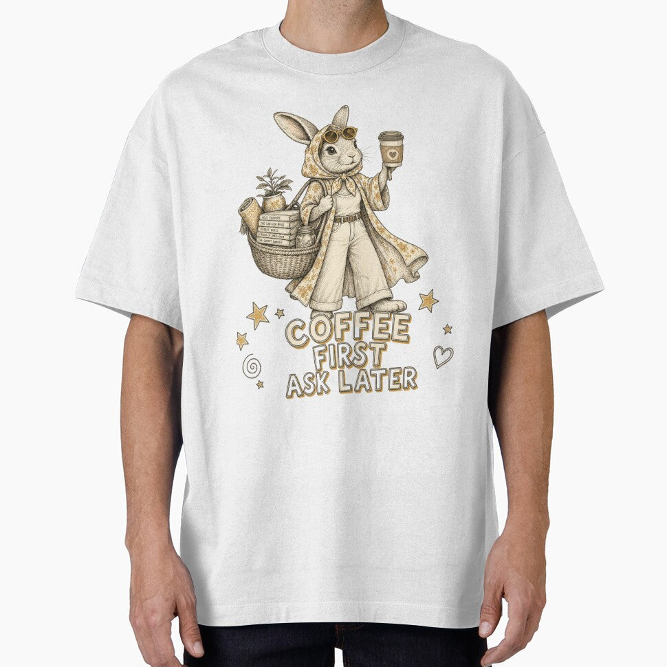 Coffee First Ask Later Vintage Bunny Printed T-Shirt / Mugs by happybluedesign