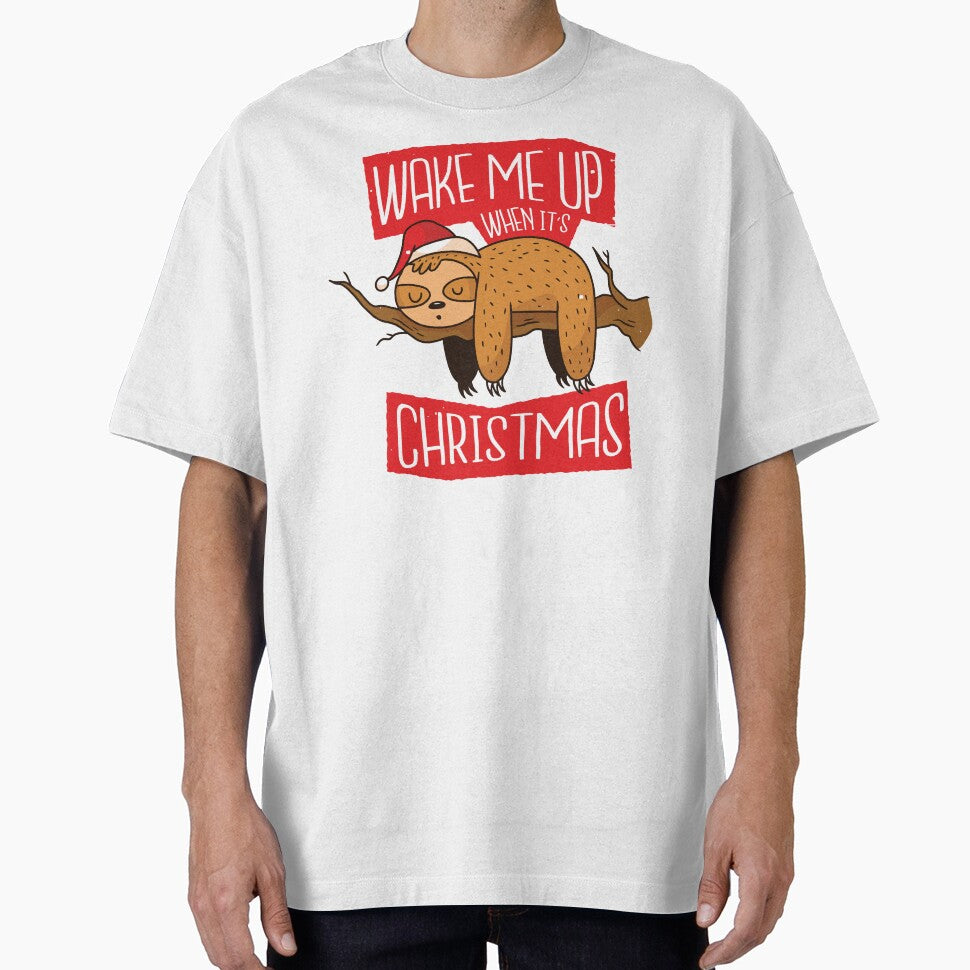 Cute Wake Me Up When It's Christmas Sloth in Santa Hat by PinkDonutTees