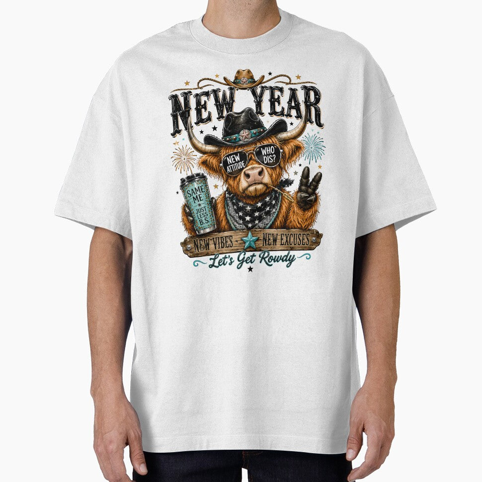 Funny New Year Highland Cow Cowboy Western Country Fireworks by madebymayberry