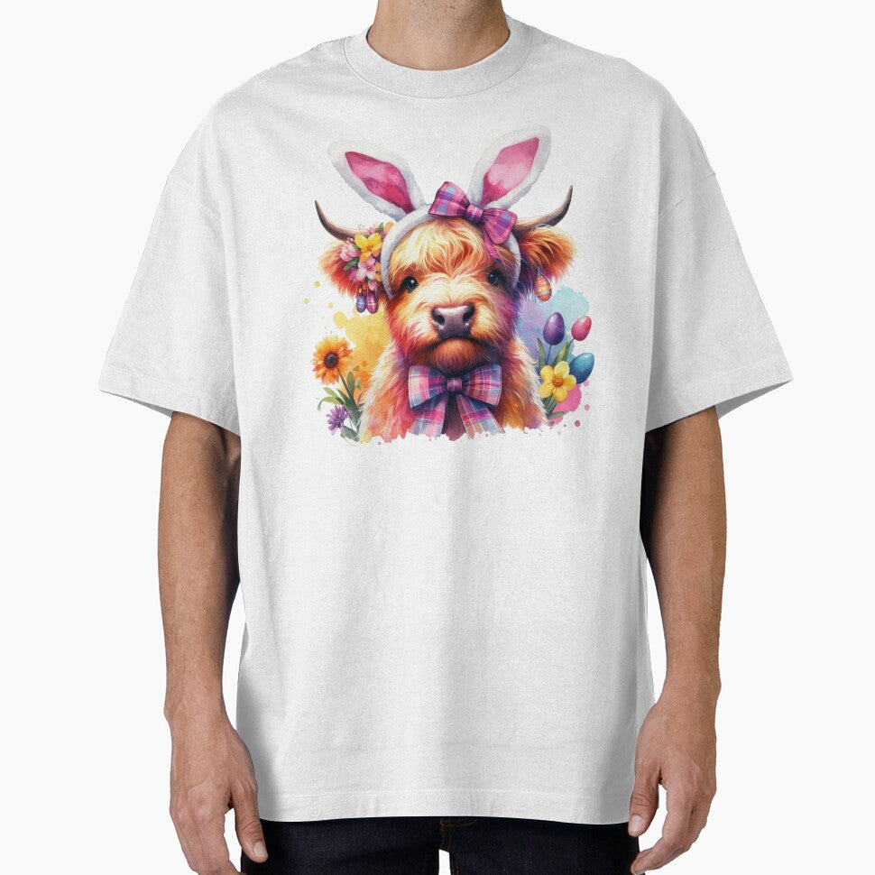 Scottish Highland Cow at Easter wearing Bunny Ears Colorful Watercolor by MaedK