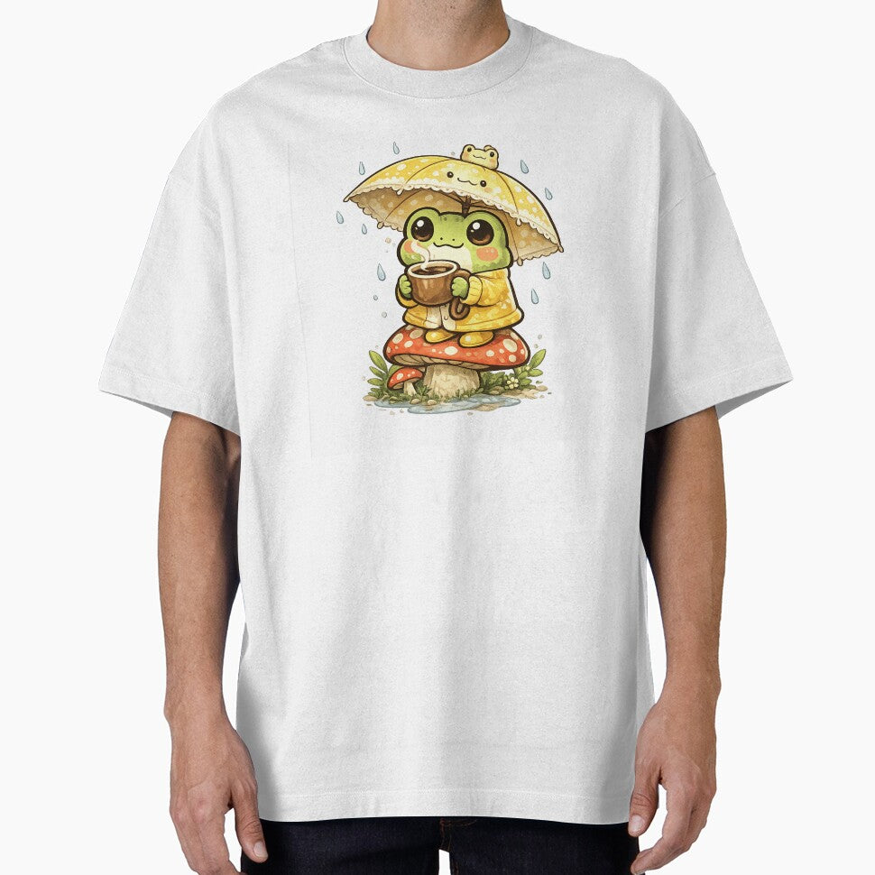 Cute Frog Sitting on Mushroom Drinking Coffee – Rainy Day Umbrella Frog Aesthetic Sticker by Ortegan90