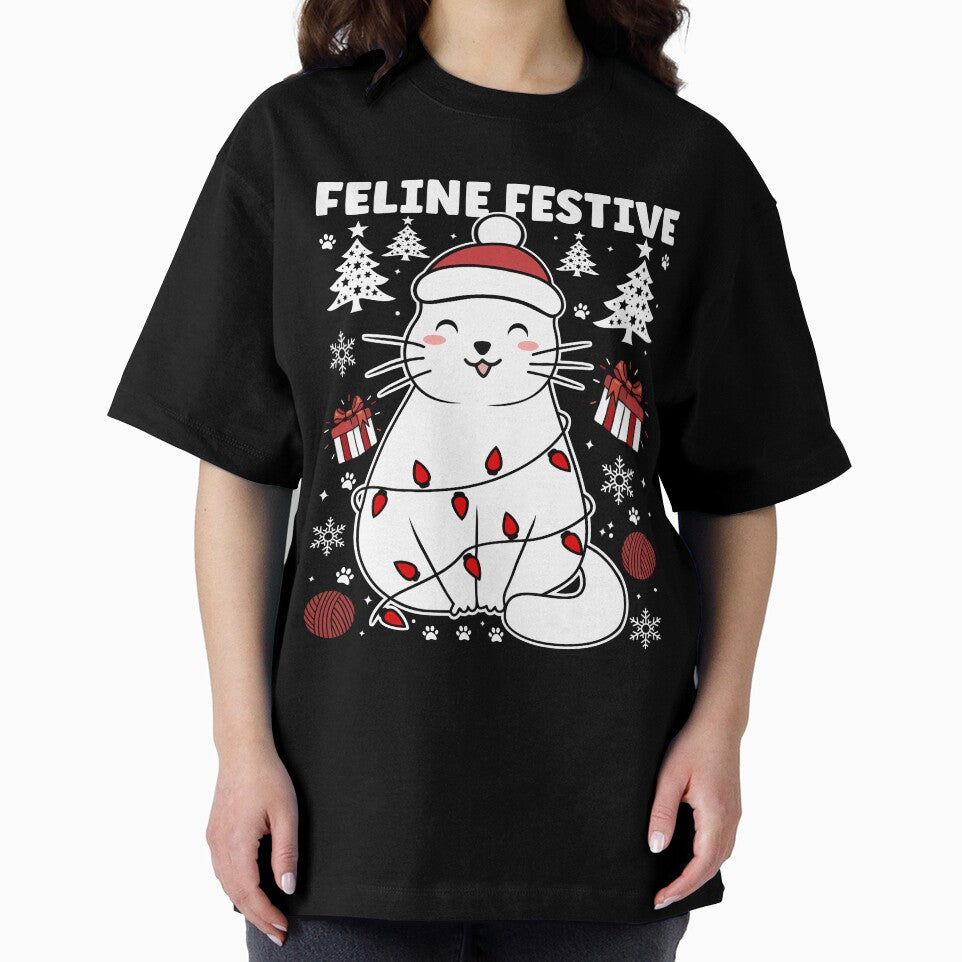 Feline Festive Happy Cat | Cute and Festive Christmas Cat Wearing Christmas Lights - Black by PearlMoonGrapes