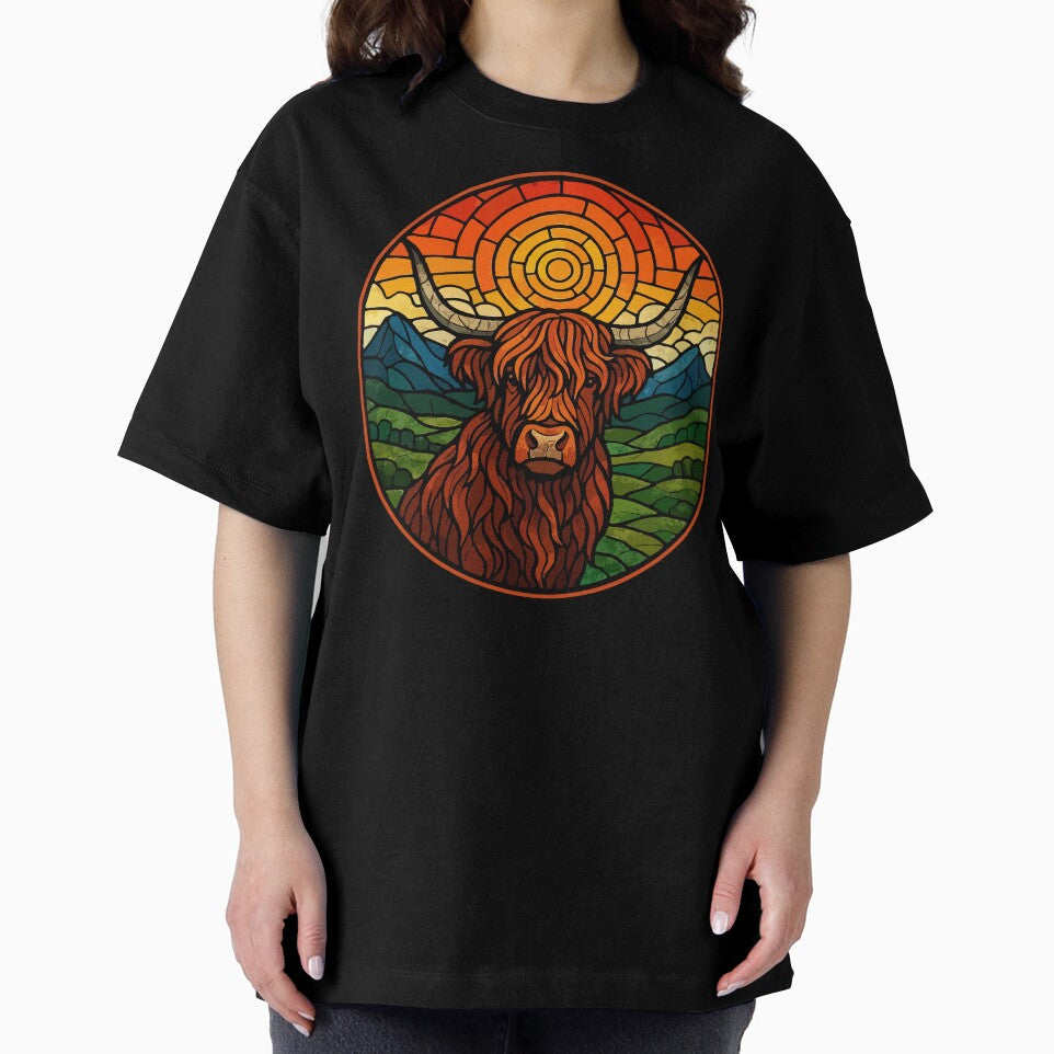 Scottish Highland Cow Heilan Coo Retro Stained Glass by TomFrontierArt