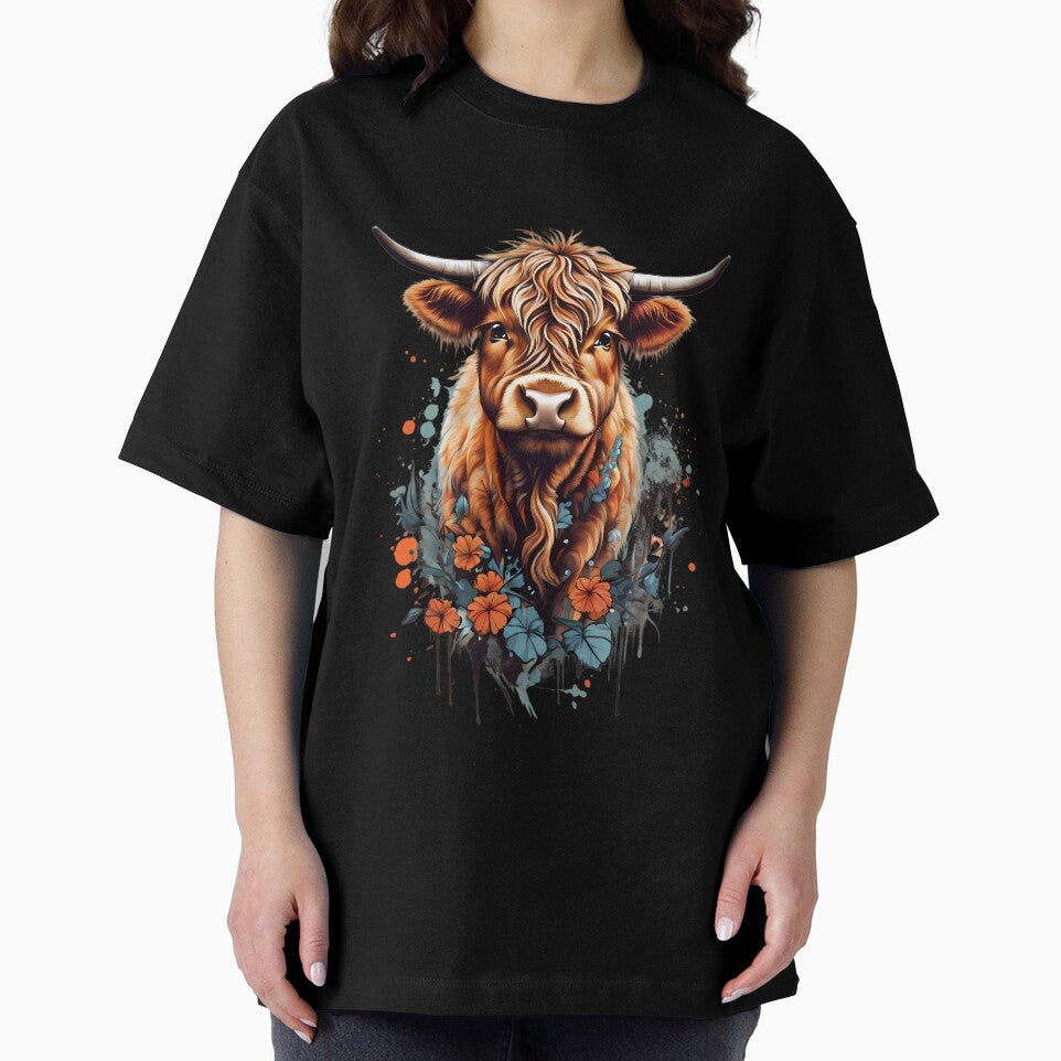 Cute Highland Cow, Red and Blue Flowers by BajanTees