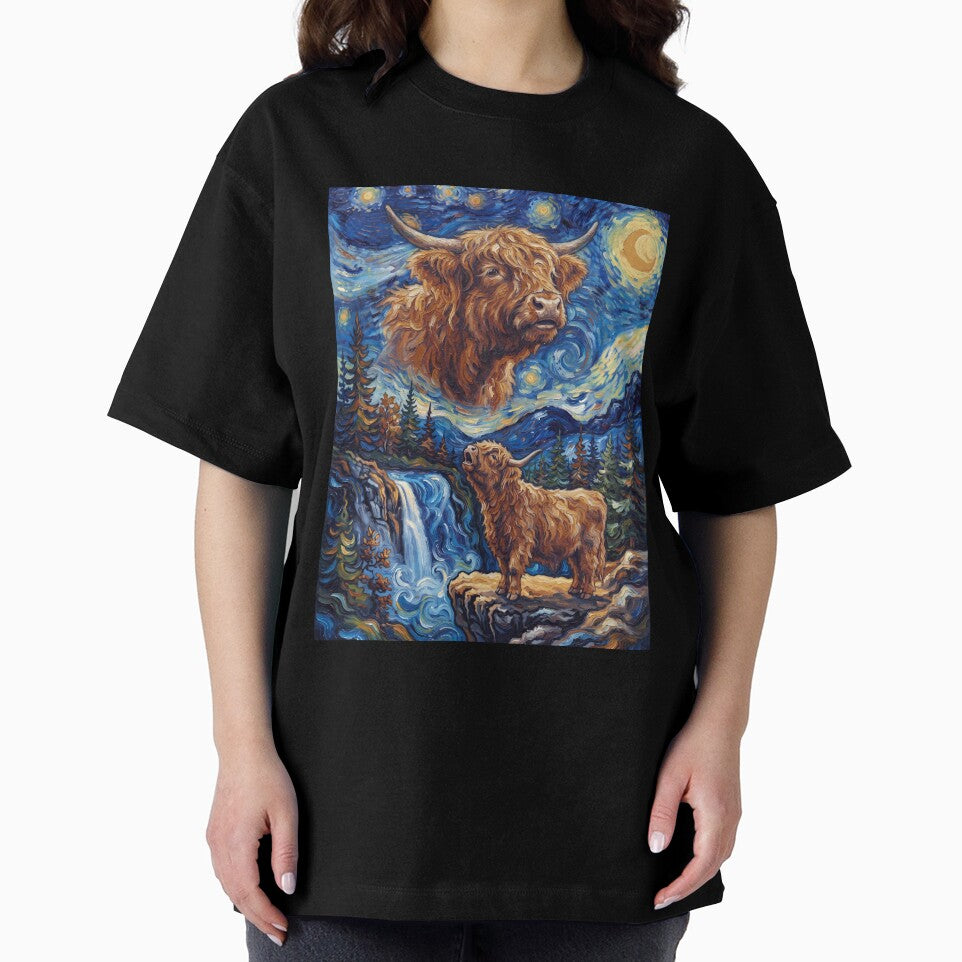 Highland Cow Howling Moon Starry Night Van Gogh Art Animal Lover by dian-rody-crest
