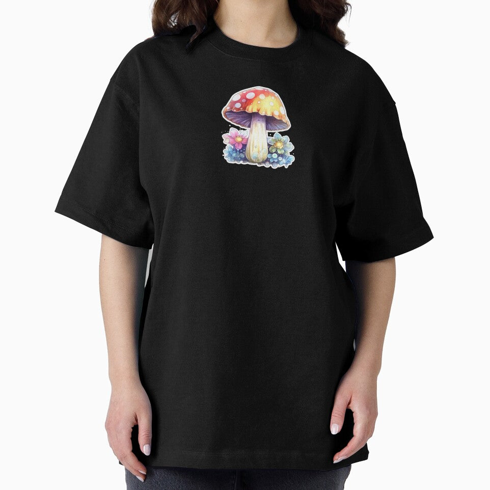 Colourful Anime Mushroom and Flowers | Black Watercolour | Nature, Woods, Forest, Meadow, Botanical by FantasySoul