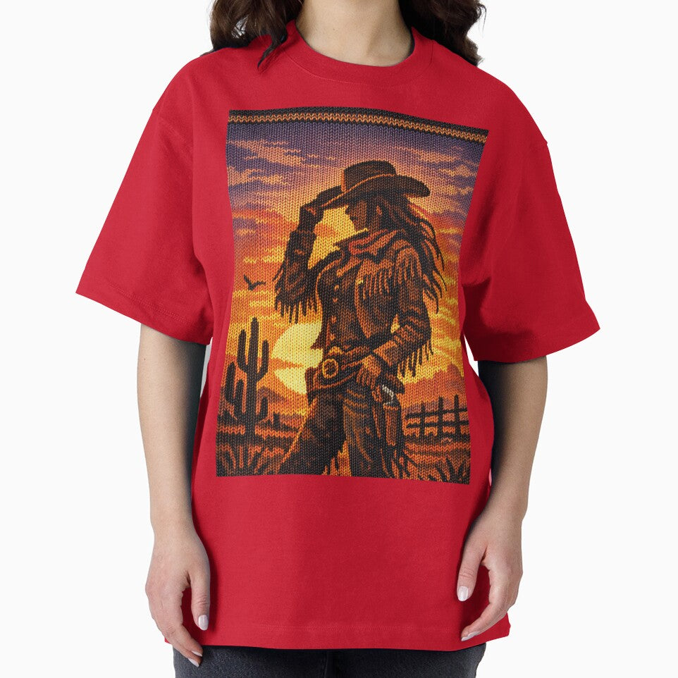 Western Cowgirl Silhouette – Retro Knit Look in a Desert Sunset by Mauswohn
