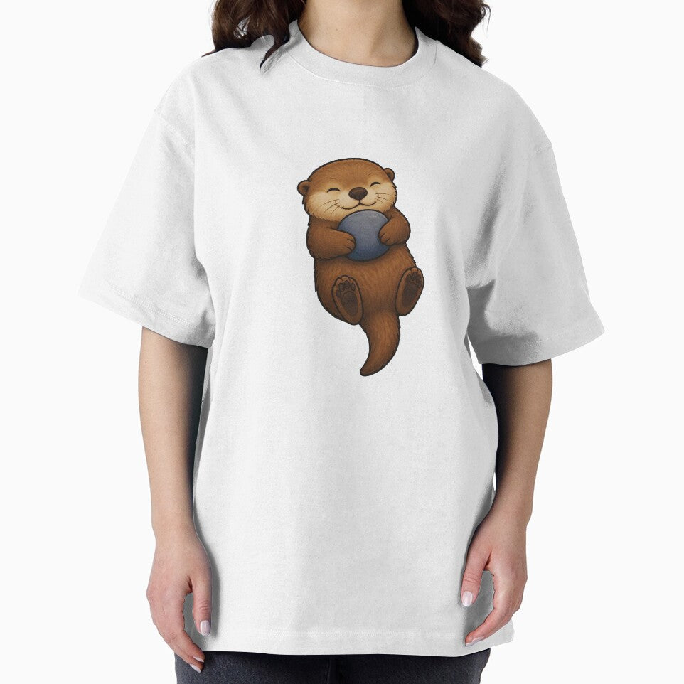 Cute Sea Otter Floating with Rock - Kawaii Ocean Animal Art by Knacky Print