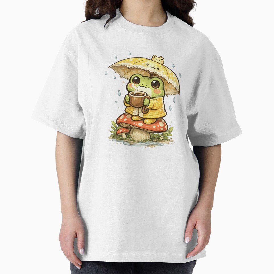 Cute Frog Sitting on Mushroom Drinking Coffee – Rainy Day Umbrella Frog Aesthetic Sticker by Ortegan90