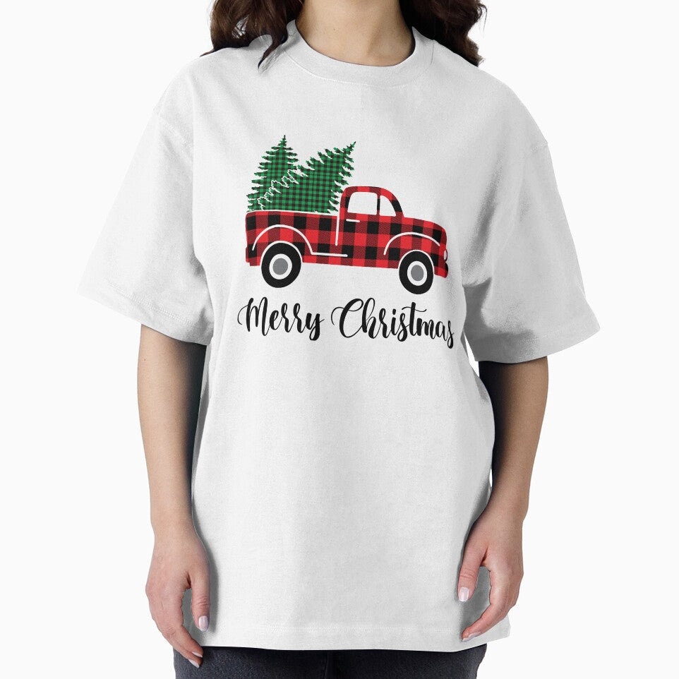 Merry Christmas Red Buffalo Plaid Truck Green Plaid Xmas Trees by Rabbitti
