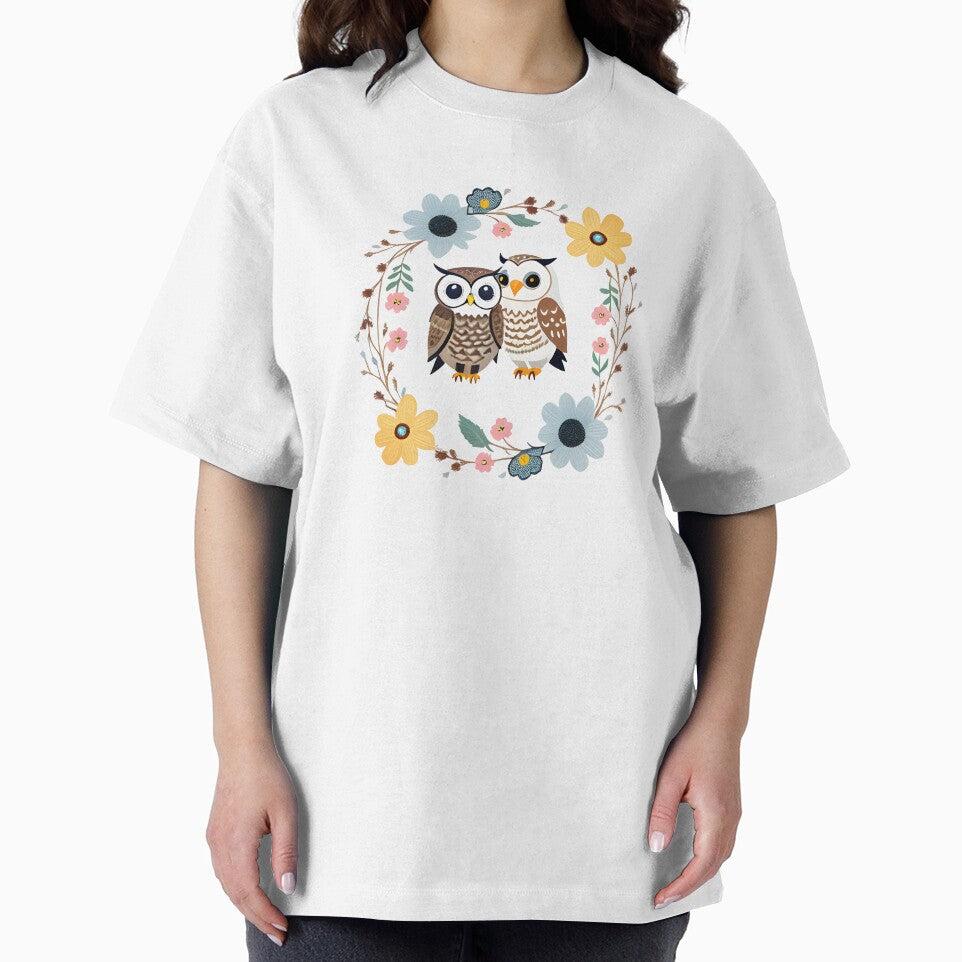 Owls Surrounded by a Wreath of Flowers by hyggefolkart
