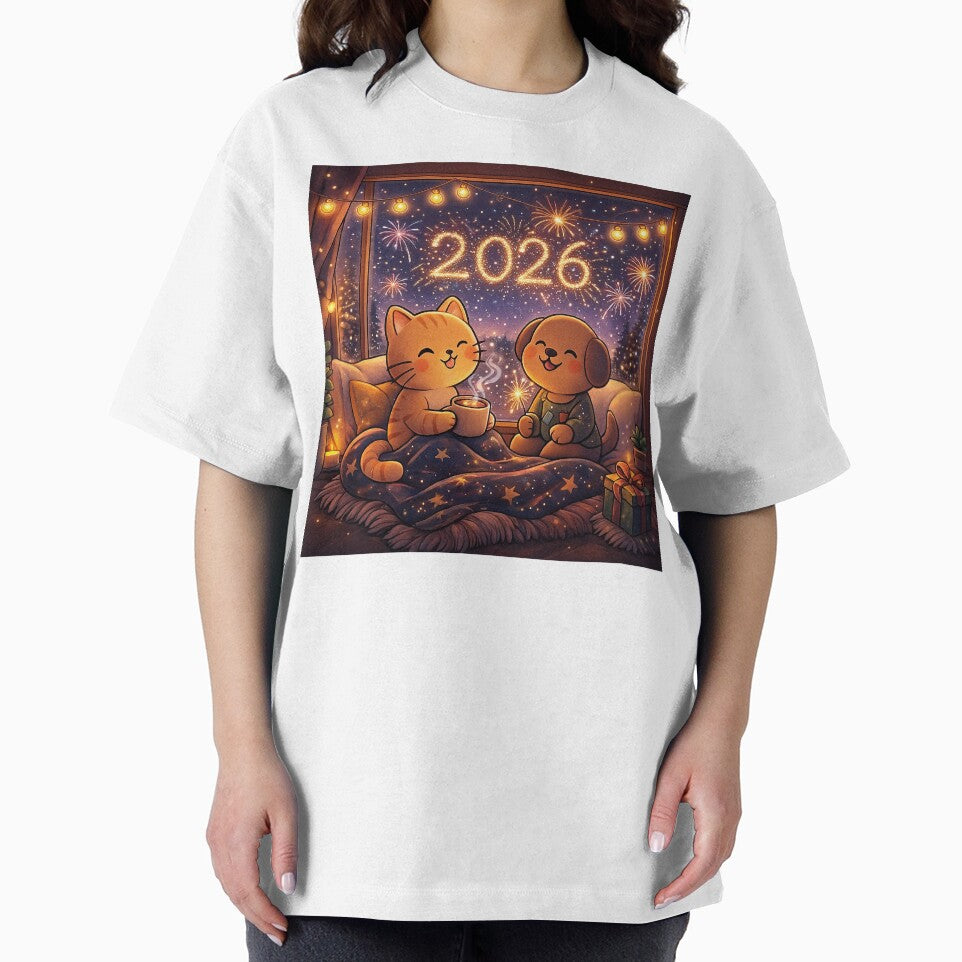 Fireworks Window View – Cute Cat and Dog New Year 2026 Cozy Cartoon Design by StyleLap