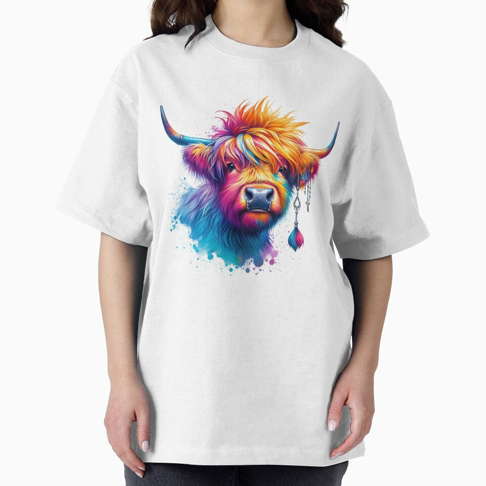 Punk Rocker Scottish Highland Cow Colorful Watercolor by MaedK