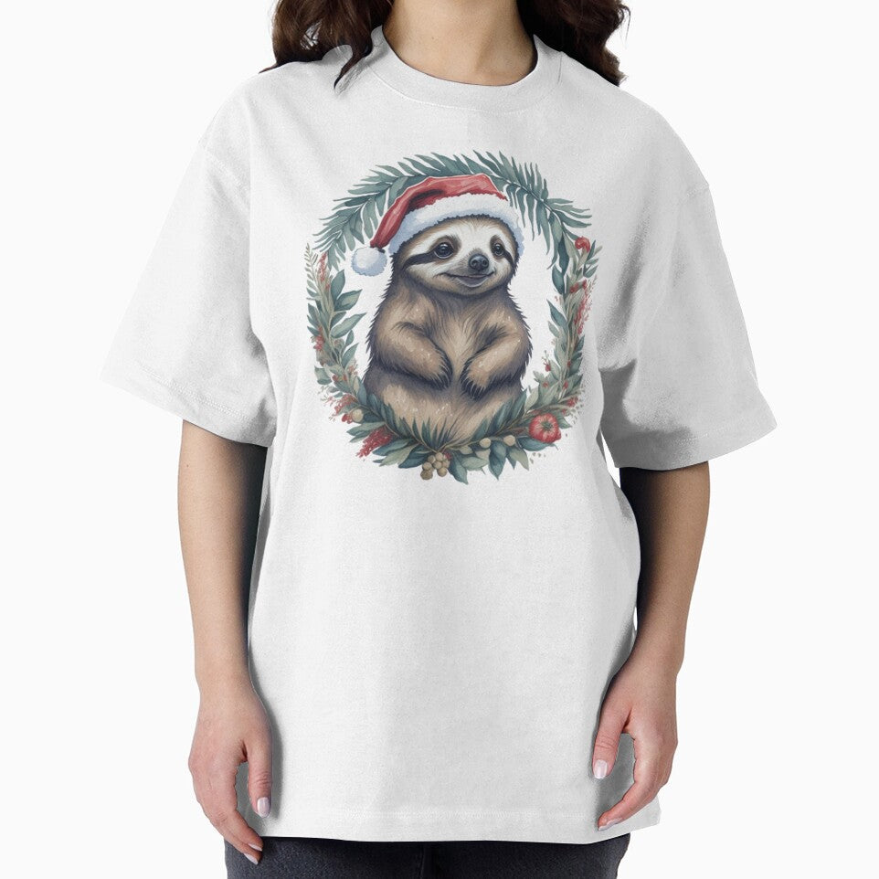 Cute Christmas sloth in Santa's hat in floral wreath - watercolor retro portrait. by SaraSumi