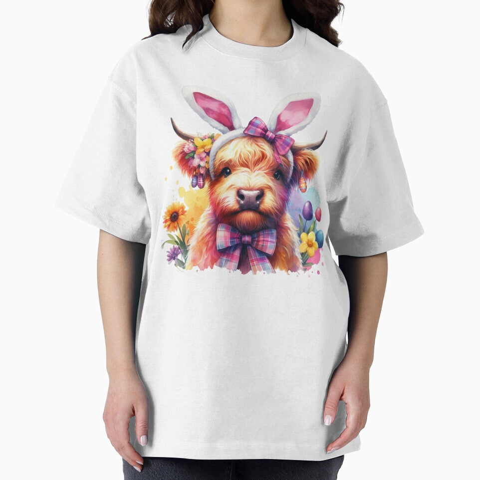 Scottish Highland Cow at Easter wearing Bunny Ears Colorful Watercolor by MaedK