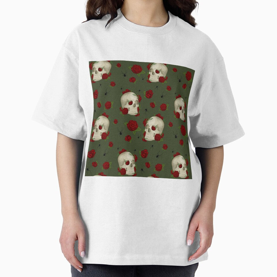 Vintage Dark Academia Skulls, Roses, Spiders with Dark Green Background by serafineaandd