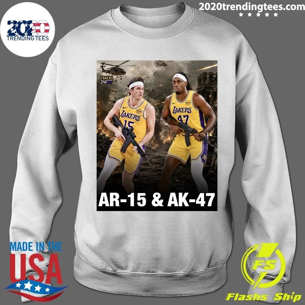 Los Angeles Lakers AR-15 & AK-47 Inspired Basketball Poster Featuring Austin Reaves and Adou Thiero Shirt