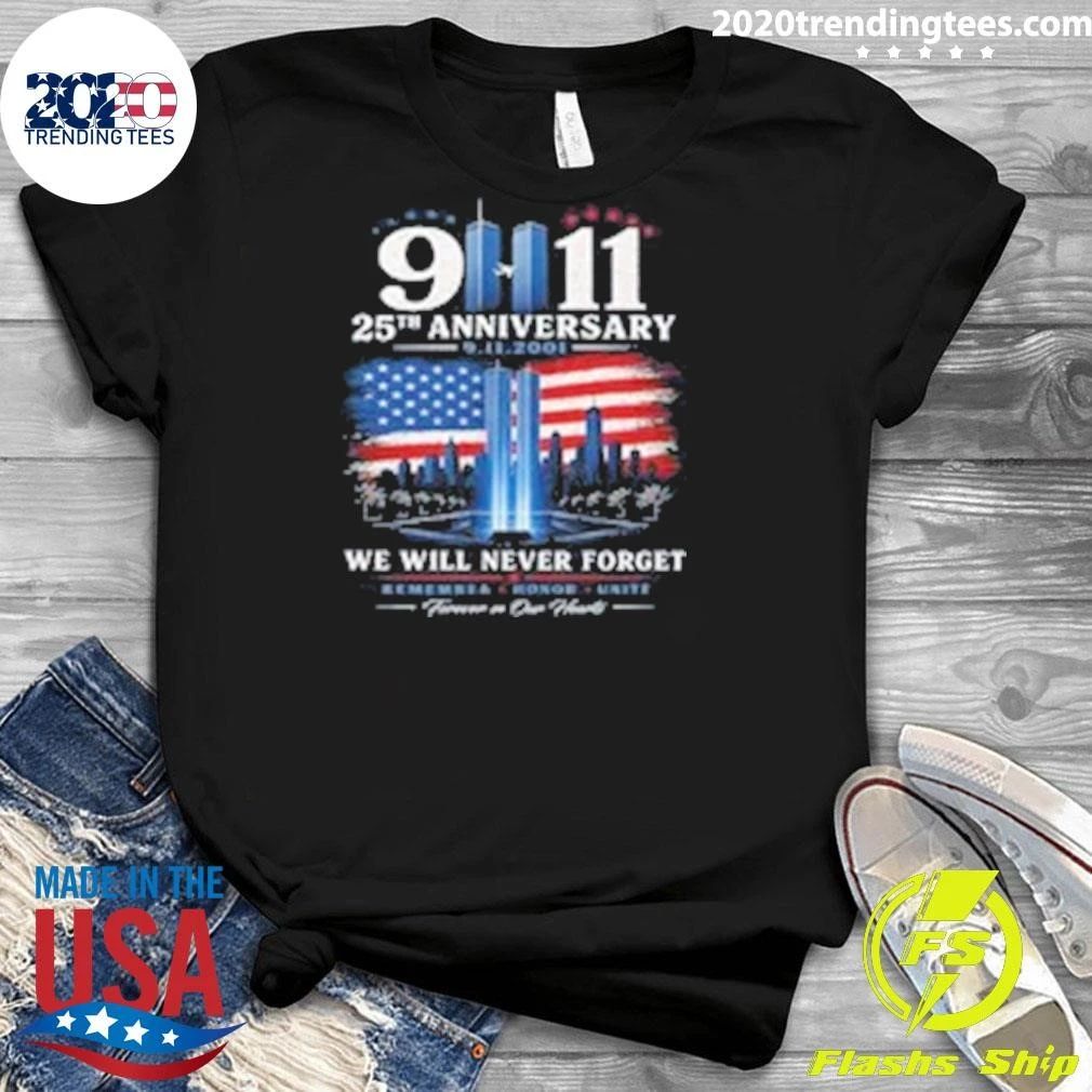 25 Anniversary Never Forget 9-11-01 Patriotic American Flag Memorial Tee Shirt