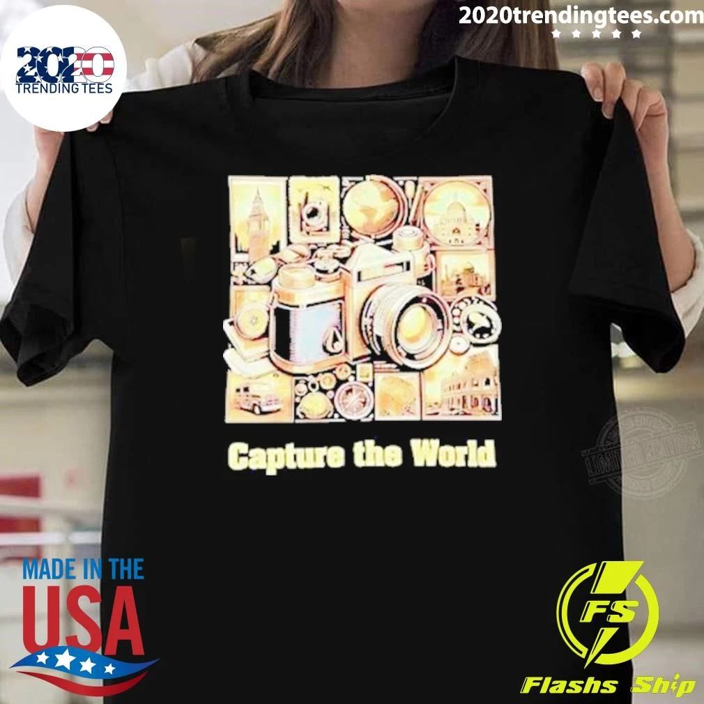 Capture The World Vintage Camera Globe Travel Landmarks Compass Shirt