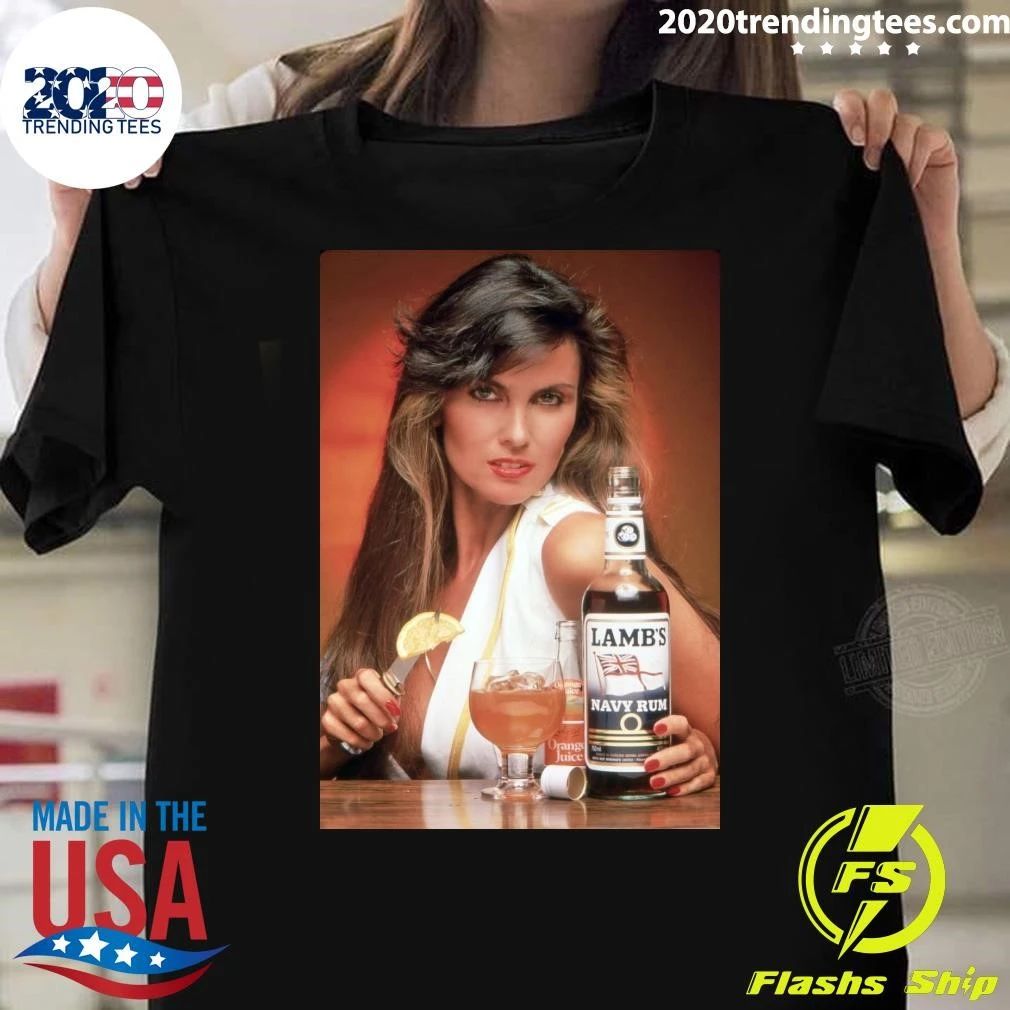Caroline Munro Lamb’s Navy Rum Advertising Poster with Classic Cocktail and Retro Model Vintage Shirt