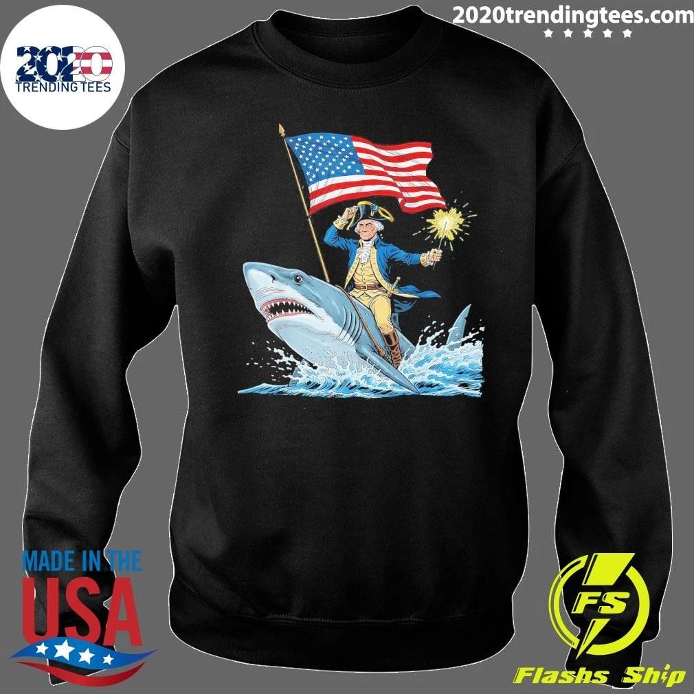 George Washington Riding Shark Funny July 4th American Flag Tee Shirt