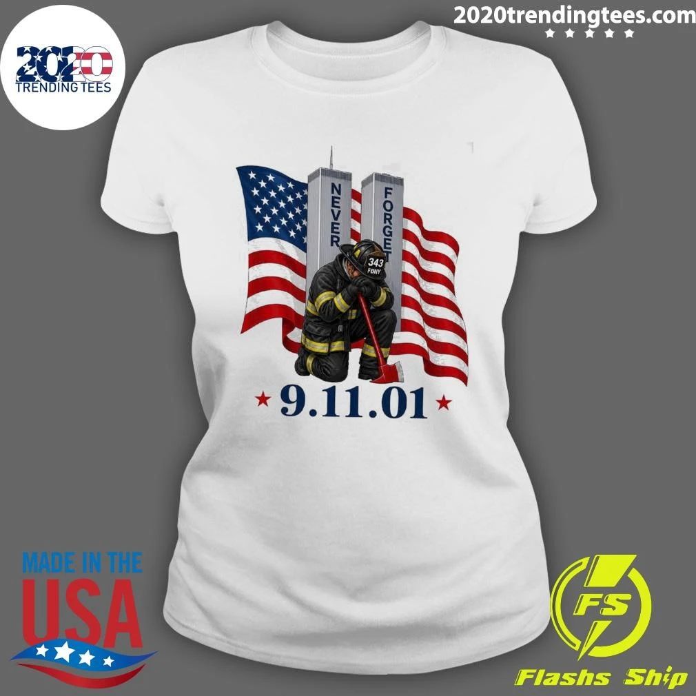 9-11 Never Forget Patriotic American Flag Firefighter Memorial Graphic Tee Shirt