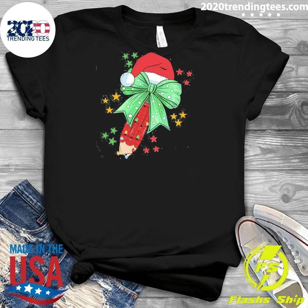Teacher Pen Christmas Elf Candy Cane with Green Bow and Santa Hat Shirt